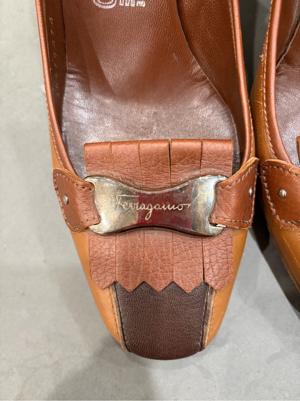 Salvatore Ferragamo Tan and Brown Leather Block Heel Pump - Picture 3 of 14